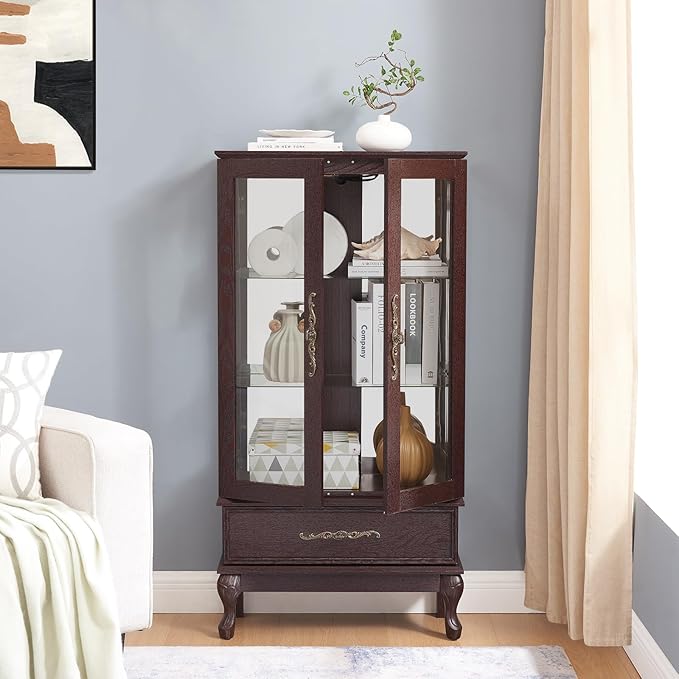 Curio Cabinet with Lighted, Tall Leg Glass Door Antique Cabinet with 1 Drawer
