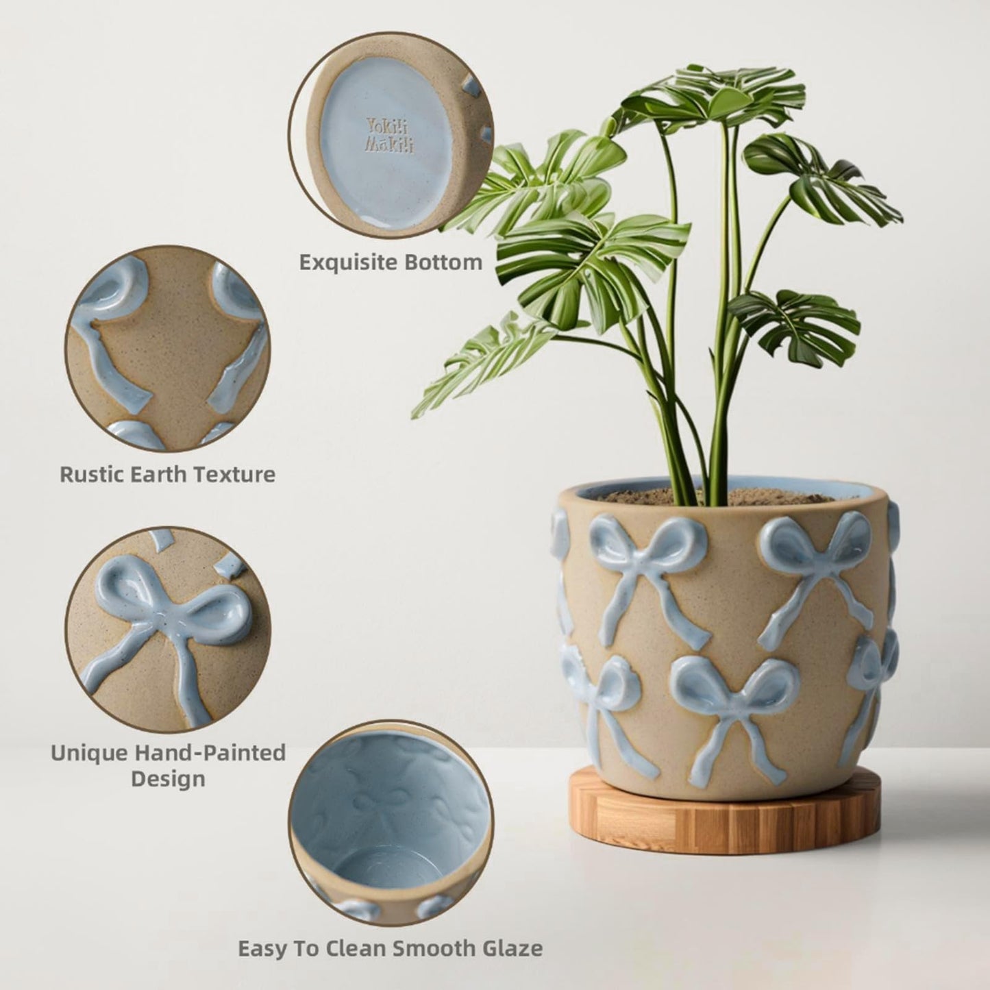 Yokiiimakiii Ceramic Flower Pots for Indoor and Outdoor Plants, Succulent Orchid Round Clay and Terracotta Planter for Garden Home Modern Decoration 5.3 Inch (Blue Bow, Without Saucers)