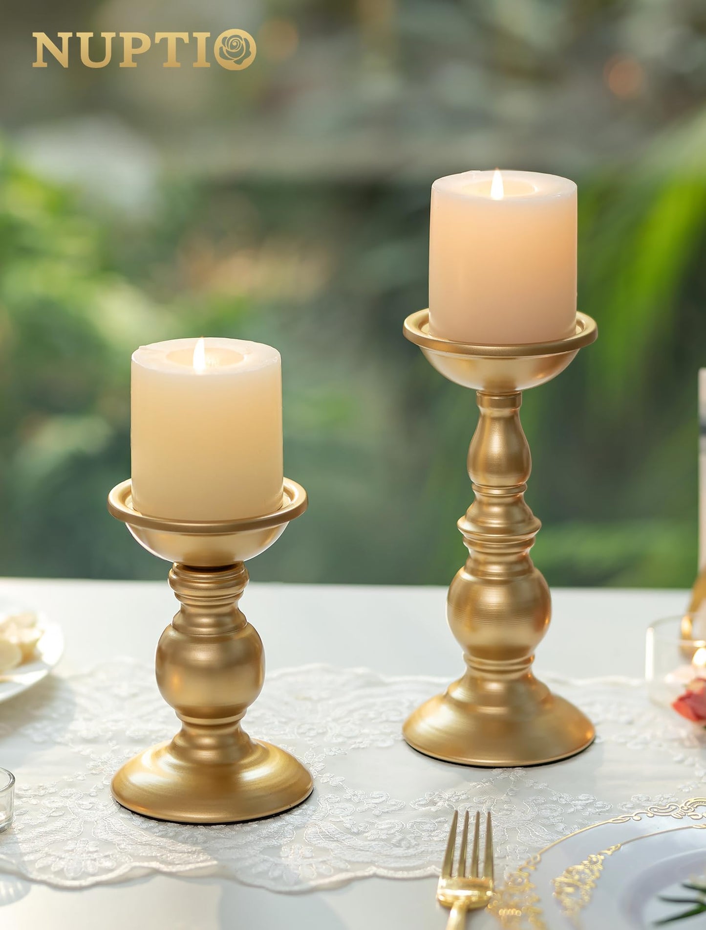 2 Pcs Gold Pillar Candle Holders, Gold Candlestick Most Ideal for 3" Pillar Candles, Gifts for Wedding, Party, Home, Spa, Reiki, Votive Candle (S + L)