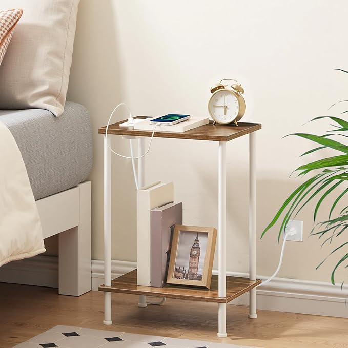 HOOBRO Side Table with Charging Station, Nightstand with 2-Layer Storage Shelves