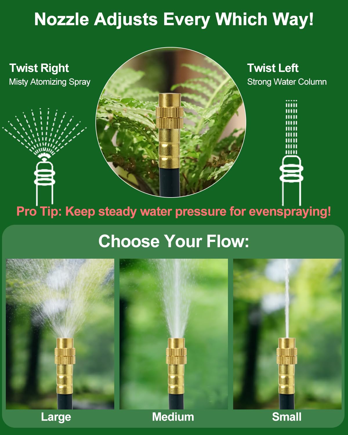 Upgraded 5/16" Drip Irrigation Kit (100FT), High-Flow Garden Watering System with 16 Bendable 360° Brass Misting Nozzles, Quick-Push Connectors & Leak-Proof Design for Patio, Greenhouse & Flower Beds