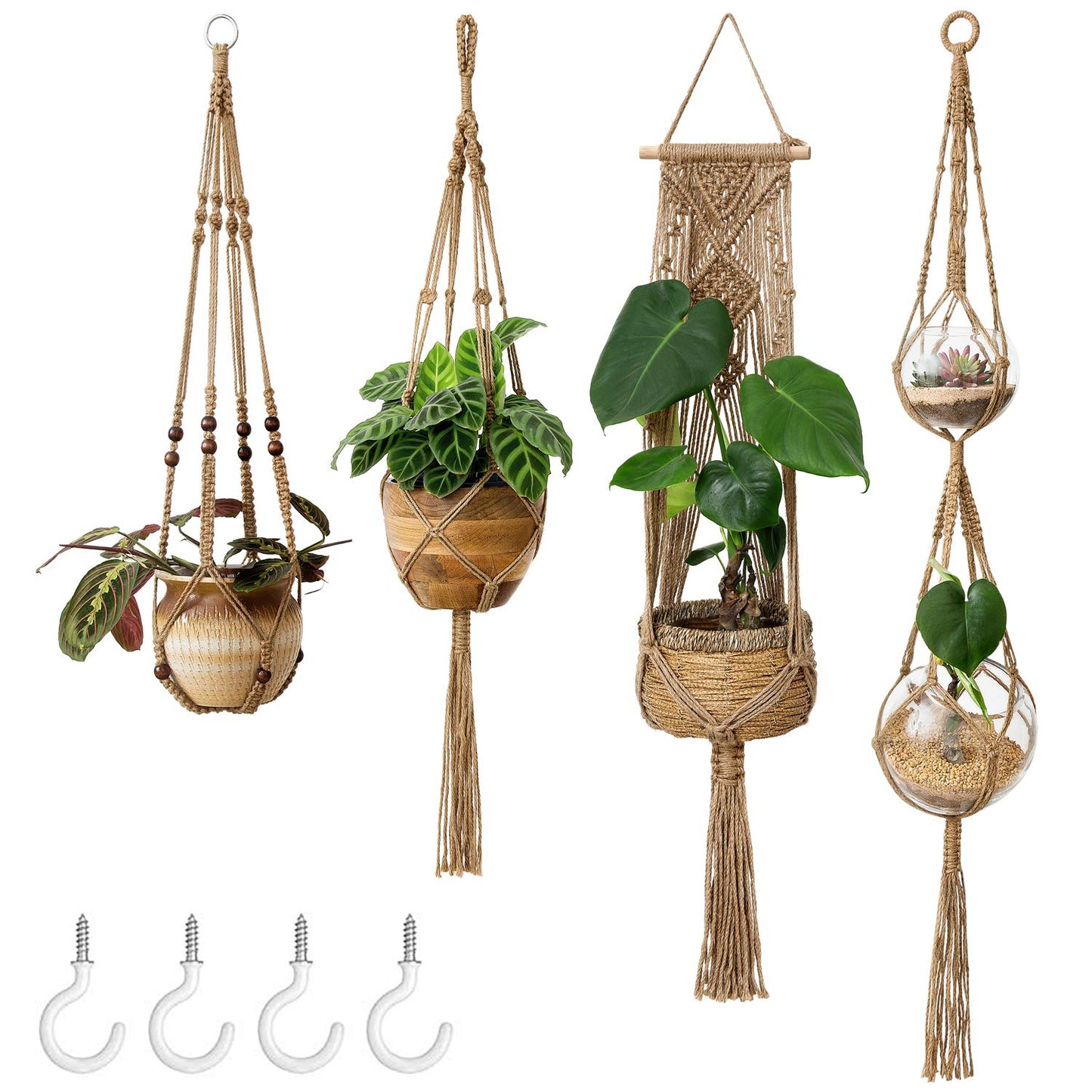 Mkono Macrame Plant Hangers Set of 4 Indoor Hanging Planter Basket Wall Decorative Flower Pot Holder with 4 Hooks for Indoor Outdoor Home Decor Gift Box, Brown