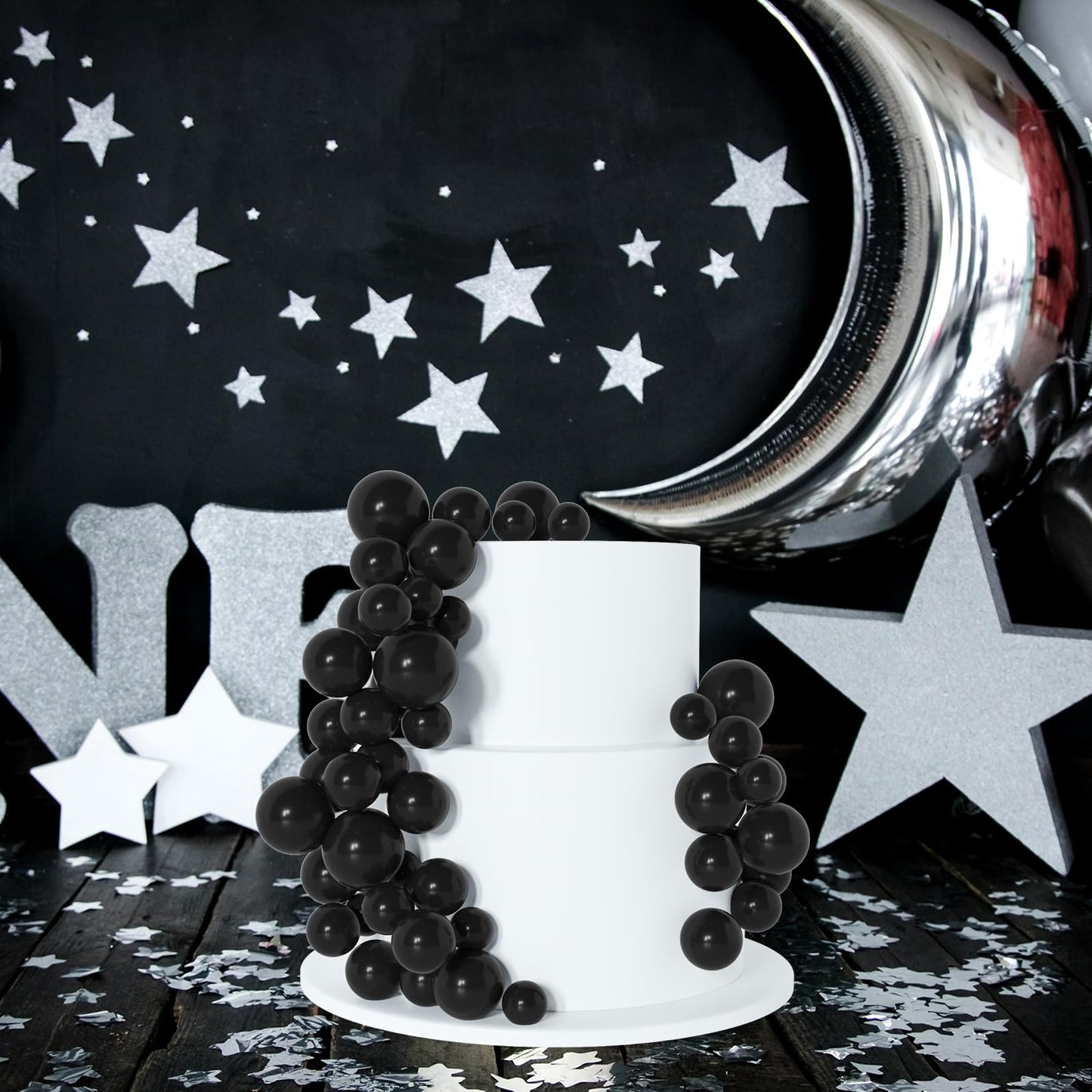 BOUBONI 138 Pcs Black Balls Cake Topper Decorations Balloon Cupcake Toppers Foam Cake Topper Balls Decorations for Halloween Birthday Party Wedding Anniversary