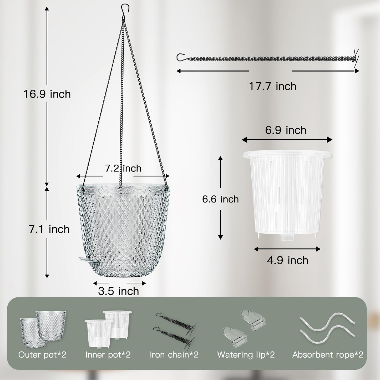 QCQHDU Hanging Planters for Indoor Plants, 2-Pack 7.2 Inch Self Watering Hanging Pots, Plastic Plant Hanger with Drainage Holes and 3 Hooks Chains for Garden Home (Clear)