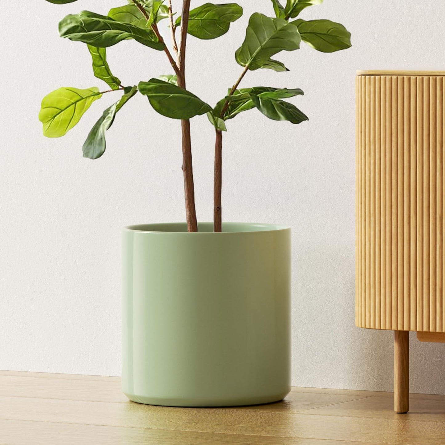 LE TAUCI 12 Inch Pot for Plants, Ceramic Planters for Indoor Plants, Mid-Century Modern Cylinder Flower Pots with Drainage Hole, Fits Fiddle Leaf Fig & Monstera, Home Decor, Sage Green