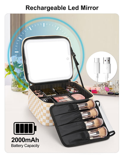 Relavel Travel Makeup Bag With LED Mirror, Cosmetic Train Case with Light up Mirror, Portable Makeup Artist Organizer Bag with Adjustable Dividers, Makeup Brush Holder Storage, Black
