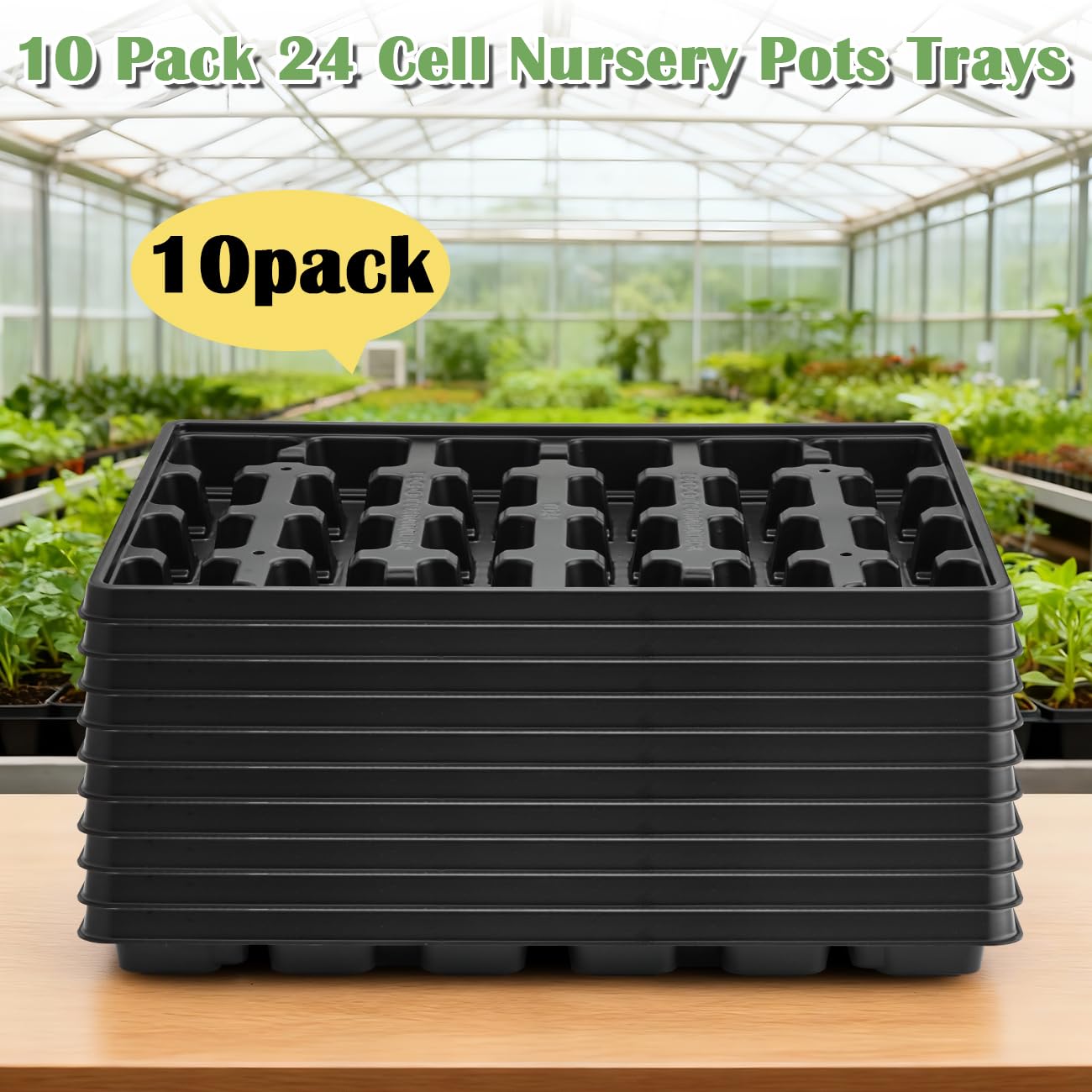 RooTrimmer 24 Cell Nursery Pots Trays 10 Pack (17"x11"x1.6"), Reusable Plastic Plant Pot Tray with Drain Holes, Carrying Seed Starter Tray for Holding 2.8 inch (7CM) Square Nursery Pots (Black)