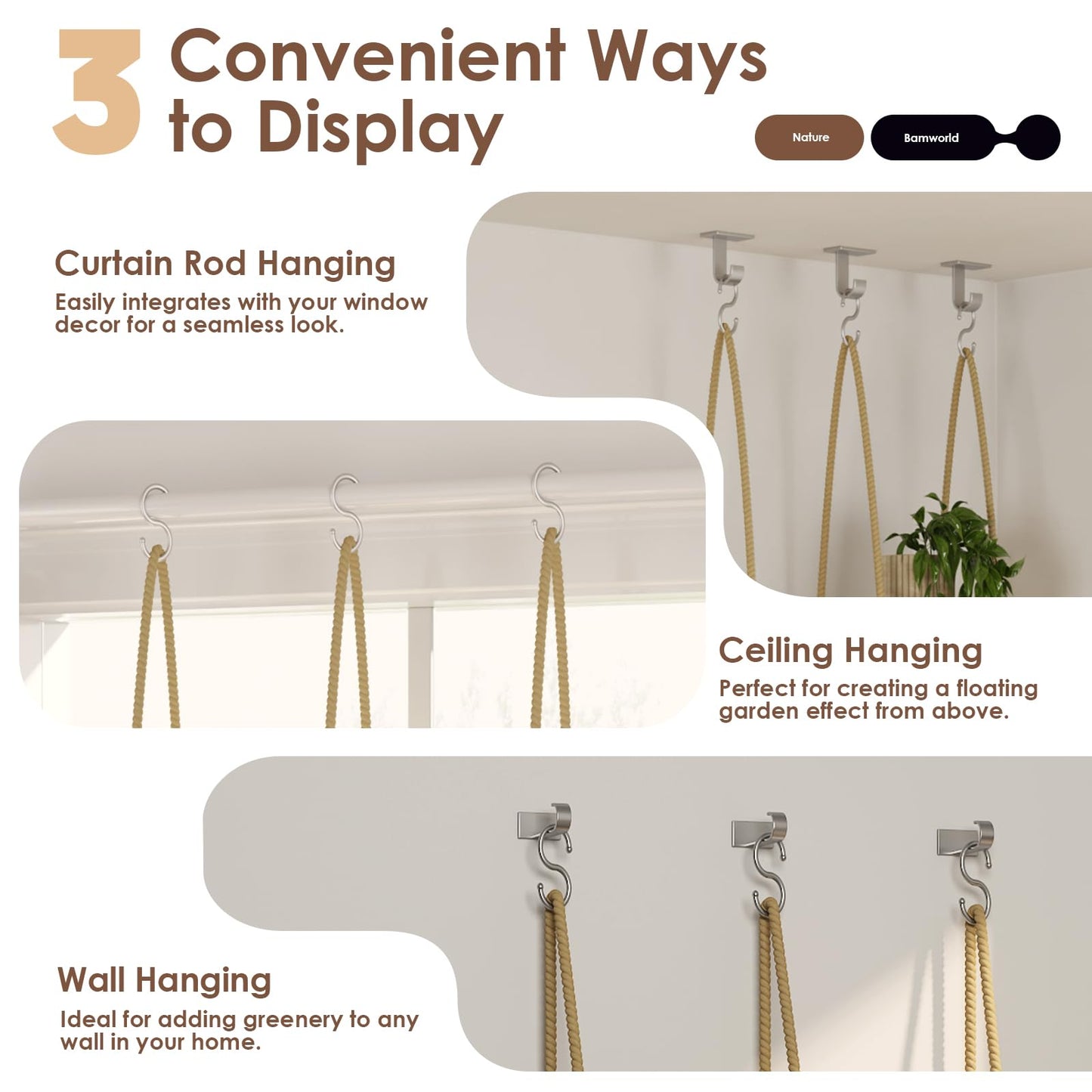Bamworld Hanging Shelves Plant Hanger Indoor Window Plant Shelves Wood Plant Wall Shelf Window Sill Plant Shelf Indoor Hanging Plant Stand Living Room Decor Garden Boho Decor