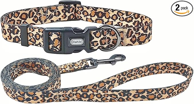 Dog Collar Leash Set, Leopard Pattern, Polyester Material, Adjustable Collar and 5ft Matching Leash, for Large Dogs.(L, Brown Leopard)