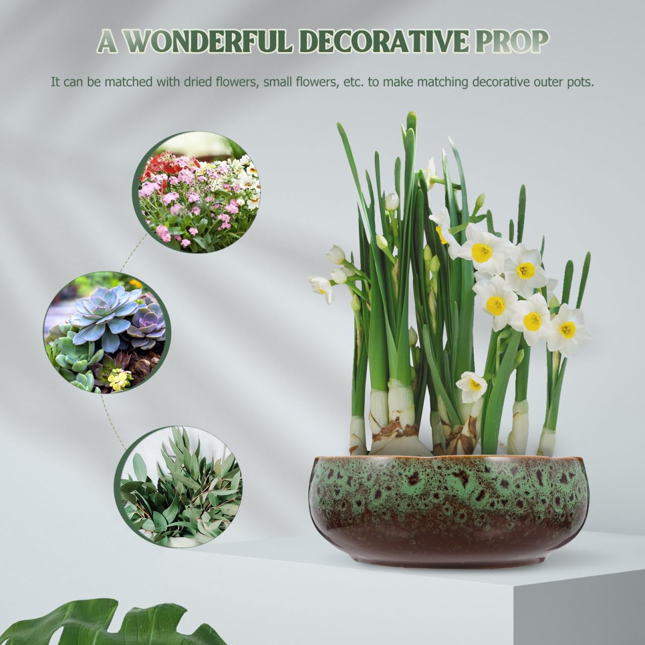 Yardwe Hydroponic Ceramic Flower Pot 6.3 Inch Non-Porous Planter for Succulent Water Lily Bonsai Decoration Home and Garden Plant Container