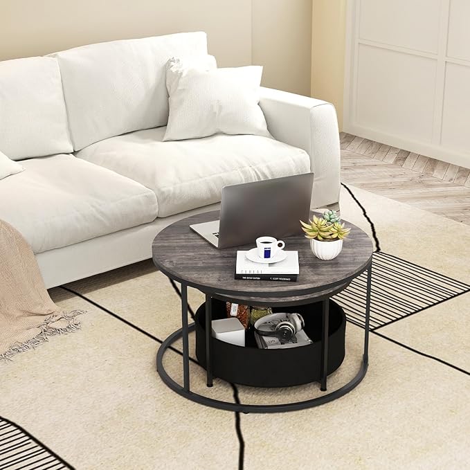 Tangkula Round Nesting Coffee Table Set of 2, Wooden Center End Table