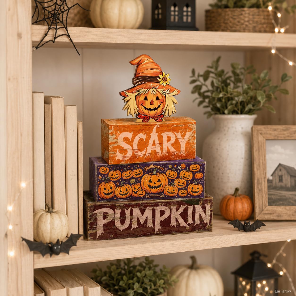 4 Pcs Halloween Table Decor Wooden Scarecrow Tiered Tray Decorations Rustic Farmhouse Tabletop Centerpiece Scary Pumpkin Wood Block Signs for Home Kitchen Shelf Mantel Office Desk