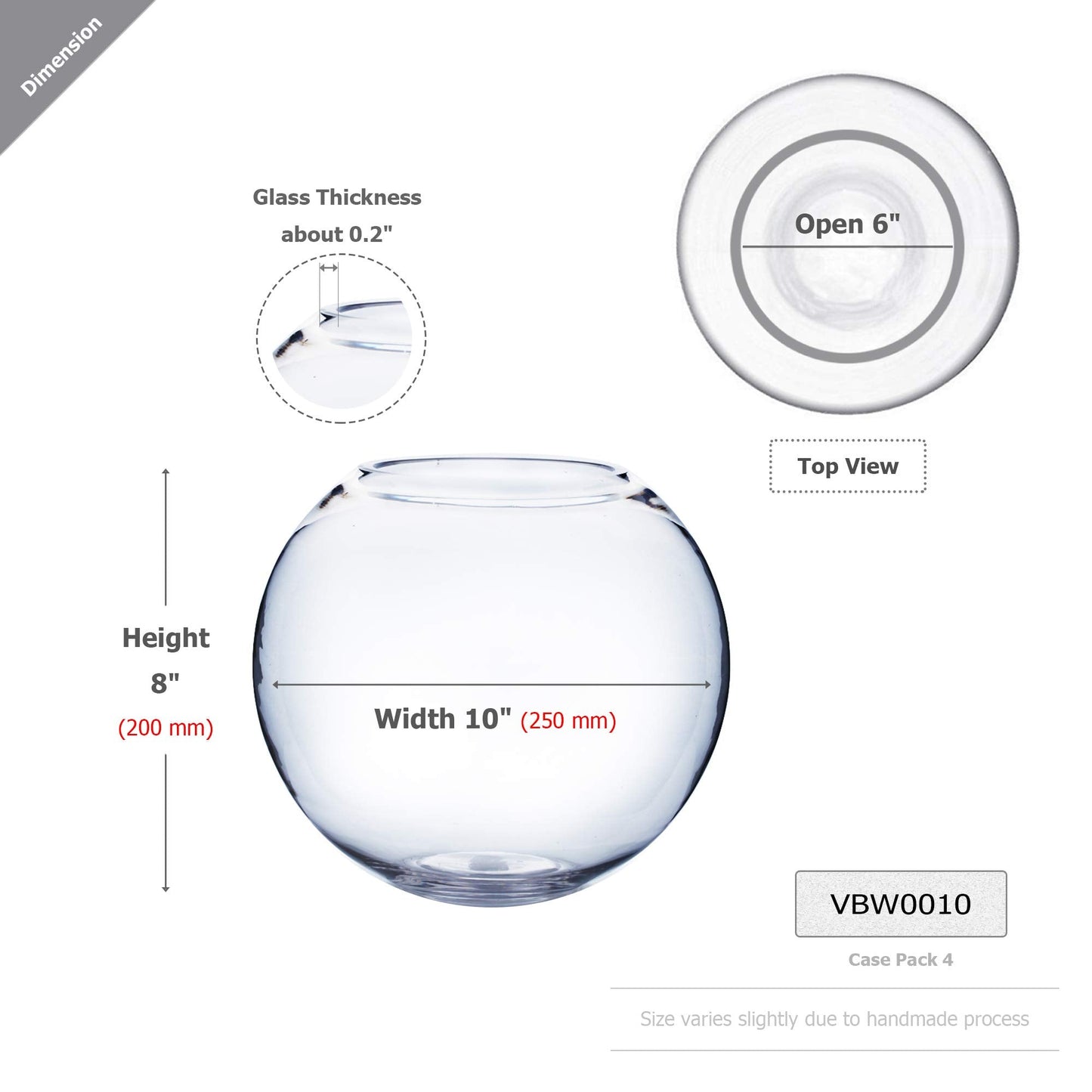 WGV Bowl Glass Vase, Diameter 10", Height 8", Open Width 6", (Multiple Sizes Choices) Clear Bubble Planter Terrarium Fish Bowl for Wedding Event Home Decor, 1 Piece (VBW0010)
