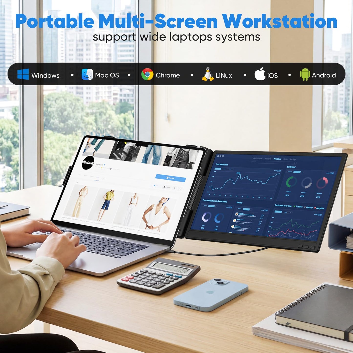 Laptop Screen Extender, 14” FHD 1080P Portable Monitor for Laptop, 0.27" Ultra-Thin Display with 100% sRGB, Dual Screen Extender for 13–17” Laptops, Plug & Play for Windows/Mac/Chrome/Android