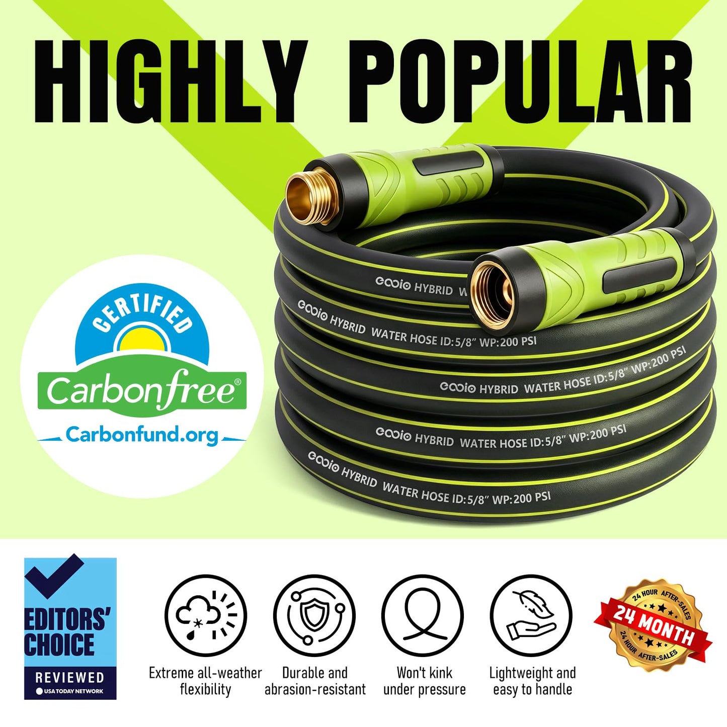 Garden Hose 50ft x 5/8", Heavy Duty Water Hose, Flexible and Durable, Kink Resistant Lightweight Hybrid Hose, Leakproof Yard Hose with Male to Female Fittings