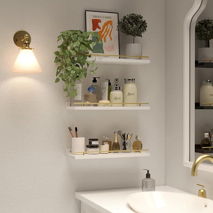 WOPITUES Floating Shelves with Gold Metal Guardrail, Shelves