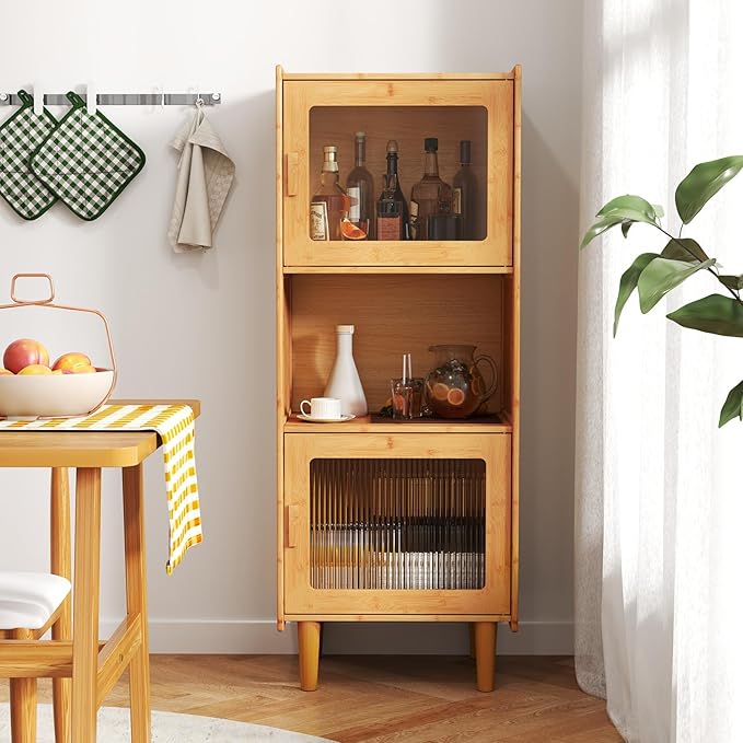Giantex Bamboo Storage Cabinet, 3-Cube Bookcase, Freestanding Liquor Display