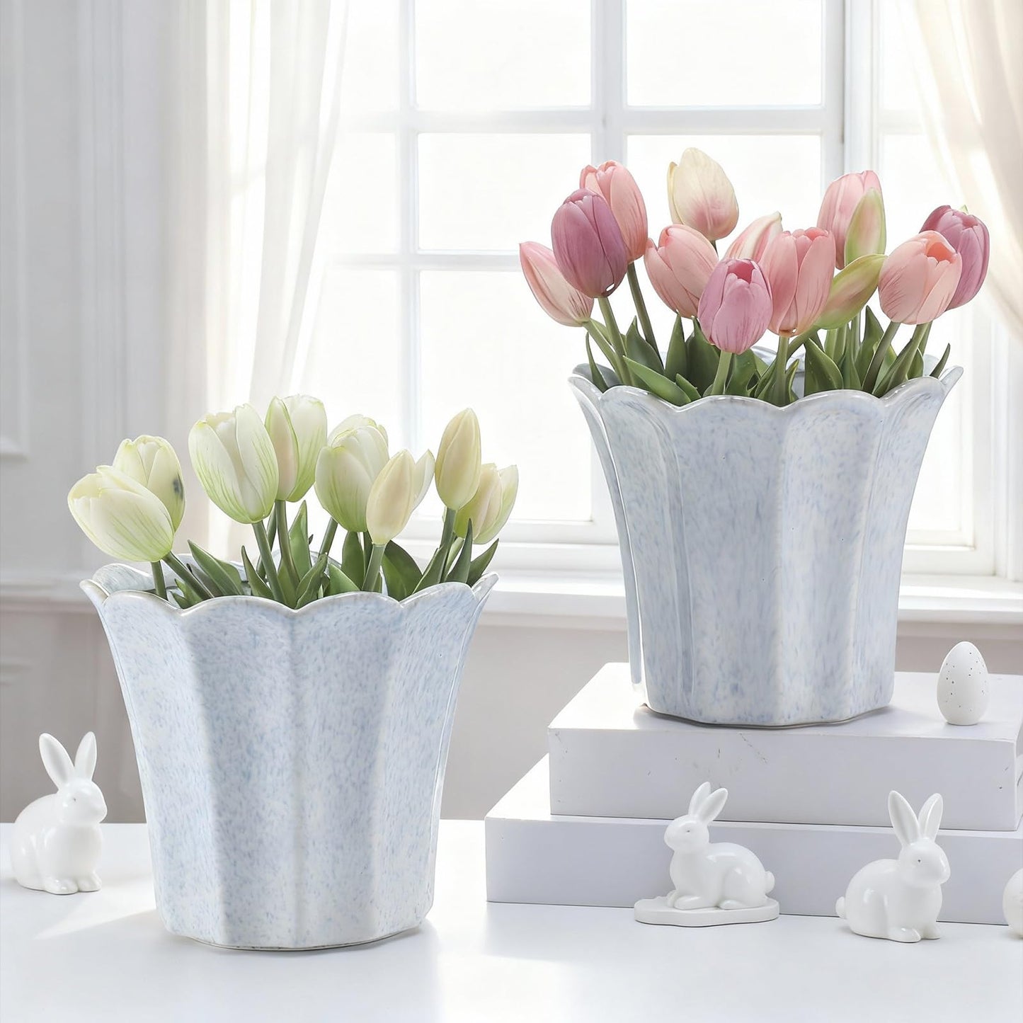 Honeydak 2 Pcs Fluted Ceramic Pots for Plants Indoor 7.5 x 6.5 Inches Spring Easter Scalloped Stylish Ceramic Planters Fluted Tulip Cachepots Blue Flower Pots Home Garden Patio Office Outdoor Planter