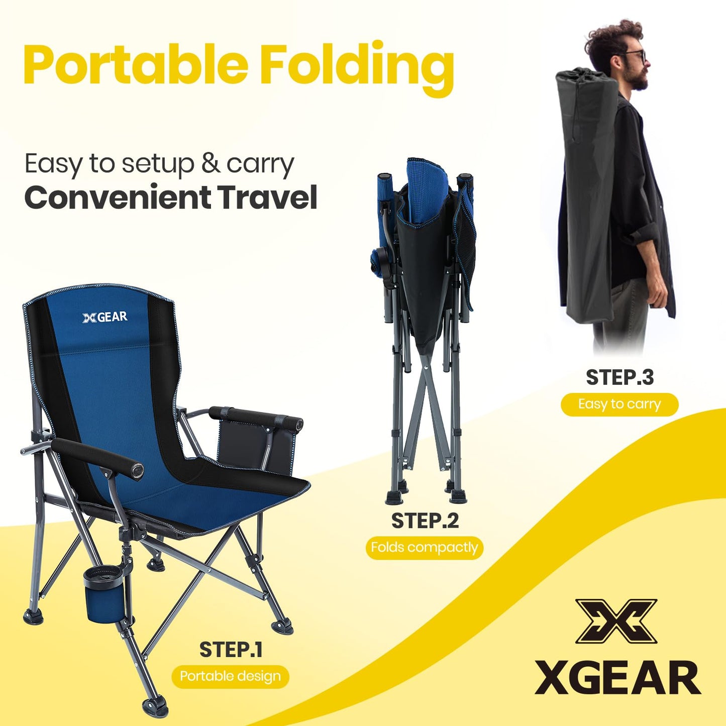 XGEAR Portable Camping Chair for Adutls - Heavy Duty Outdoor Camp Chairs - Folding Lawn Chair with Padded Hard Armrest Cup Holder Storage Pocket - Collapsible for Outdoor Fishing Garden