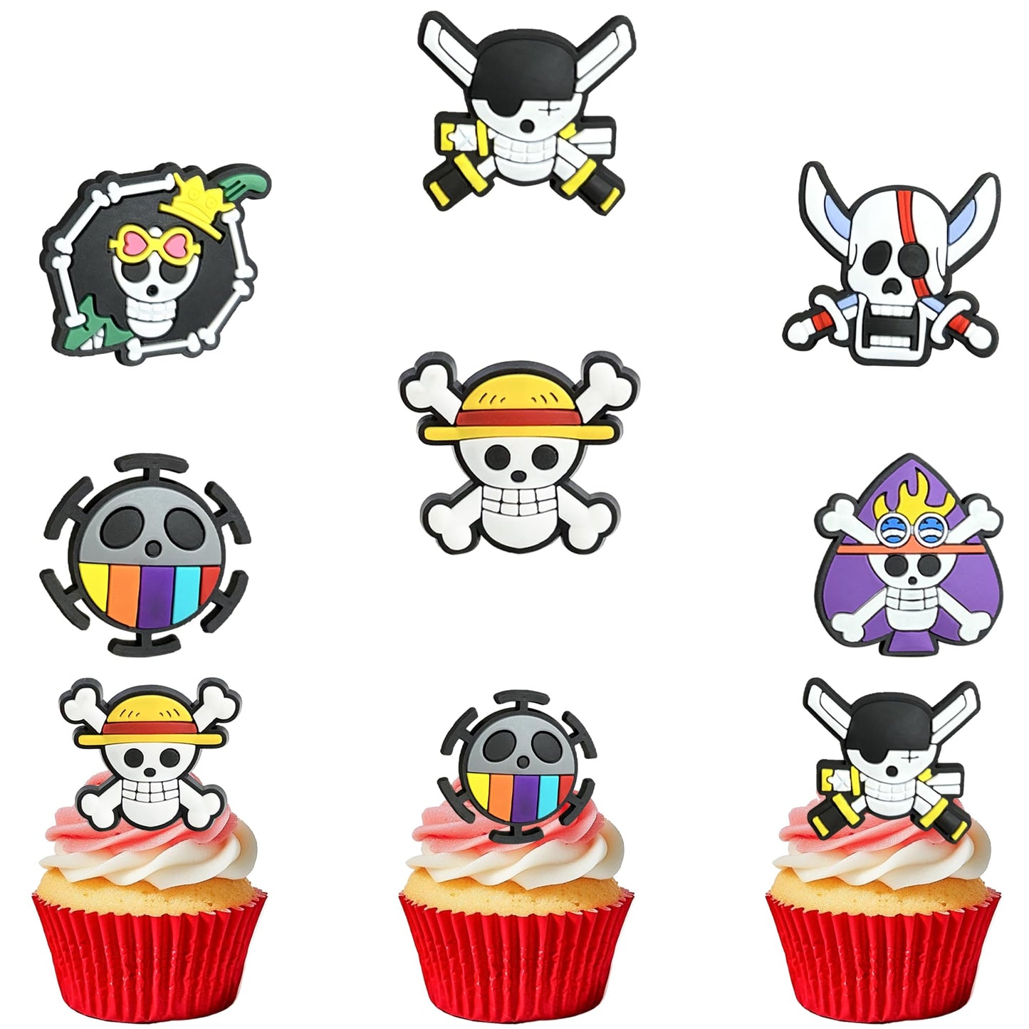 Mosytiay 24 PCS Anime Skull Cupcake Rings Toppers Pirate Themed Cupcake Toppers 6 Style Skeleton Cake Decorations for Skull Theme Baby Shower Birthday Halloween Pirate Party Cake Decorations Supplies