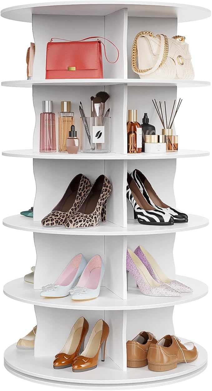 5-Tier Rotating Standing Shelf Unit with Dividers, 360° Storage Display Tower Vertical Floor Organizer, for Bedroom, Closet, Entryway & Office, Ideal for Shoes, Cosmetics & Handbags, White