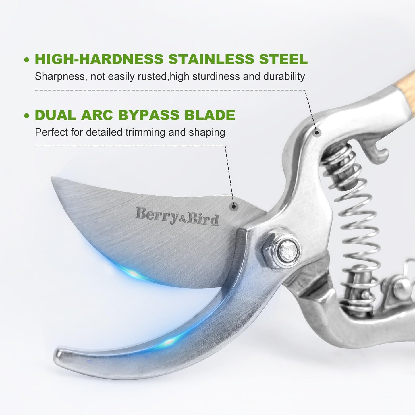 Berry&Bird 8'' Bypass Pruning Shears with Wooden Handle, Curved Blade Garden Hand Pruner, Stainless Steel Scissors Ultra Sharp Clippers for Gardening Trimming Cutting Bonsai Plant Flower & Picking