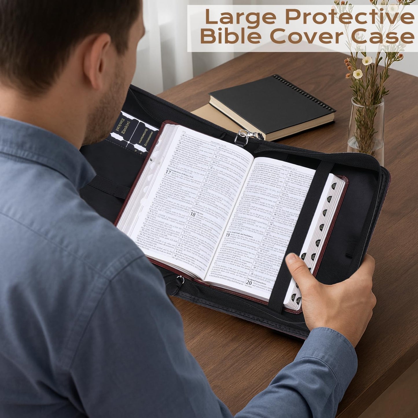 XKDOUS 20 Pcs Bible Cover Kit for Men Leather Book Carrying Case Church Bag Holder with Handle, Tabs, Pens, Study Supplies Christian Gift Father Day for Dad, Mom, Women, Friends