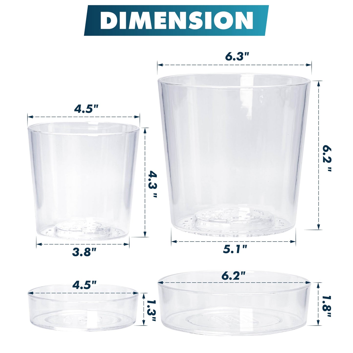 Phoenix Vine 4.5 Inch 6.5 Inch Clear Acrylic Houseplants Planter Pot with Tray, Orchid Pot with Drainage Holes, Deep Saucer for Bottom Watering, Transparent Containers for Indoor Plants, Herbs, 91-B-W