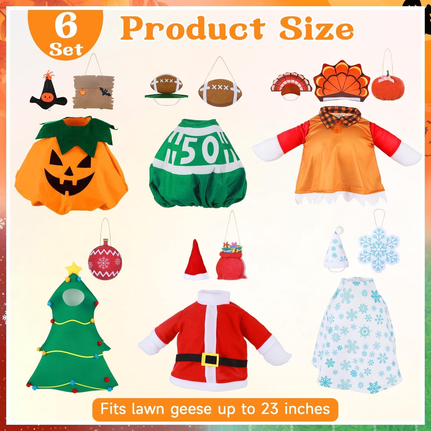 6 Set Seasonal Holiday Porch Goose Outfits Hanging Decor All Seasons Winter Christmas Football Goose Costume Fit for 23" Geese Statue Thanksgiving Halloween Outdoor Yard Garden Patio Lawn Art Decor