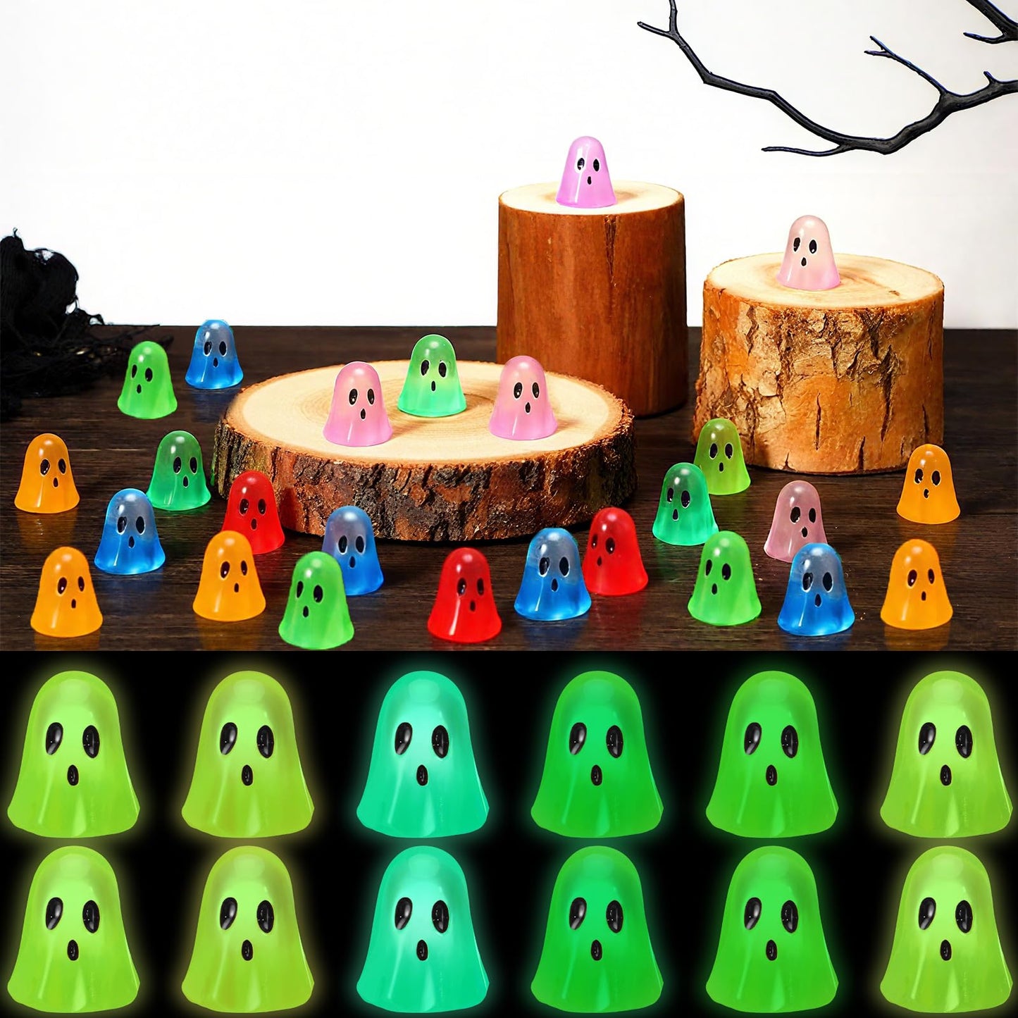 Realspring 90 Pcs Halloween Mini Resin Ghosts Small Ghost Figurines Glow in The Dark Miniatures for Spooky Tiered Tray Decor Home Tabletop Shelf Centerpieces Halloween Party