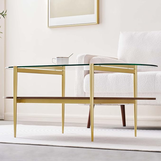 LumFurn Oval Glass Coffee Table, Mid-Century Modern Design, L41 x W21 x H17 inch