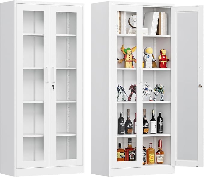 Glass Display Cabinet With Doors, 4 Adjustable Shelves