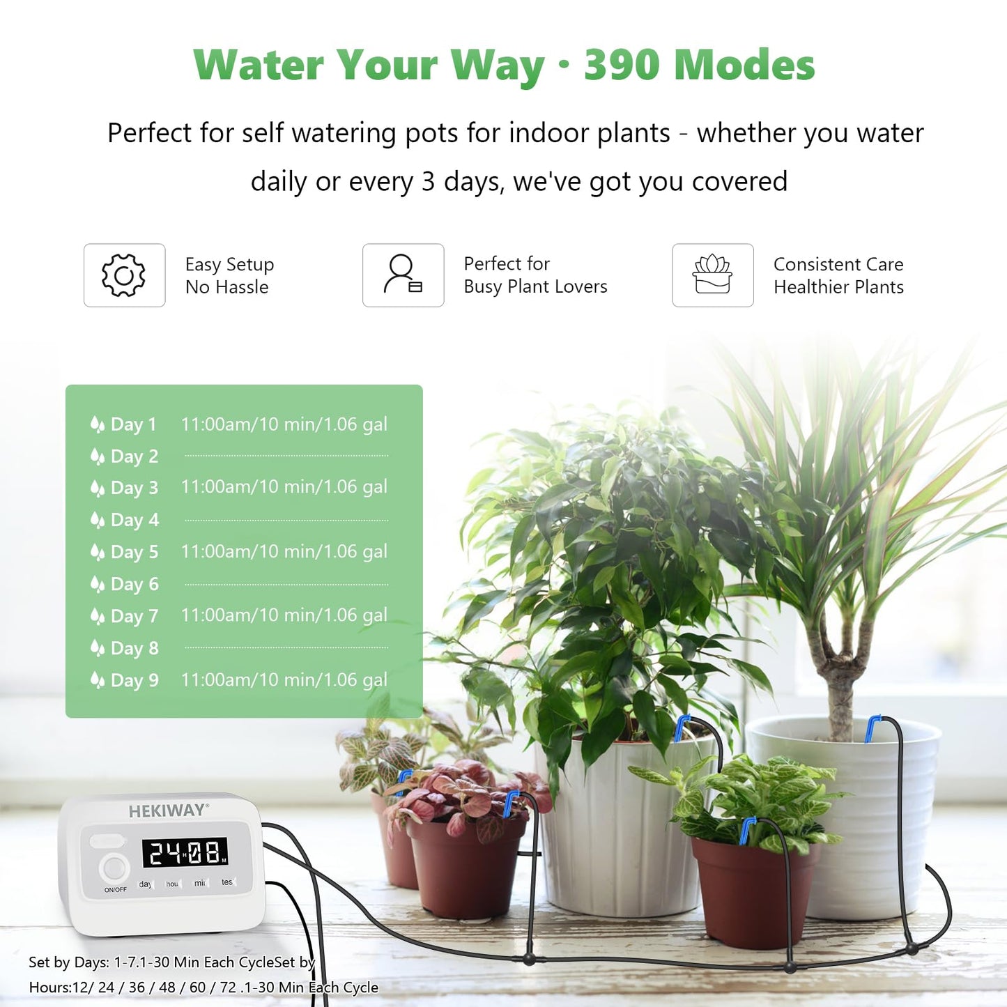 82FT Automatic Plant Watering System–HEKIWAY 390 Adjustable Watering Modes, Supports 30 Pots | Indoor Garden System & Vacation Plant Watering Devices, Auto Watering for Plants Outdoor