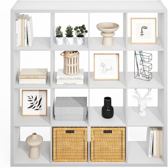 Furinno Simple Cube Storage Organizer, 16-Cube Display Shelf, Open Back