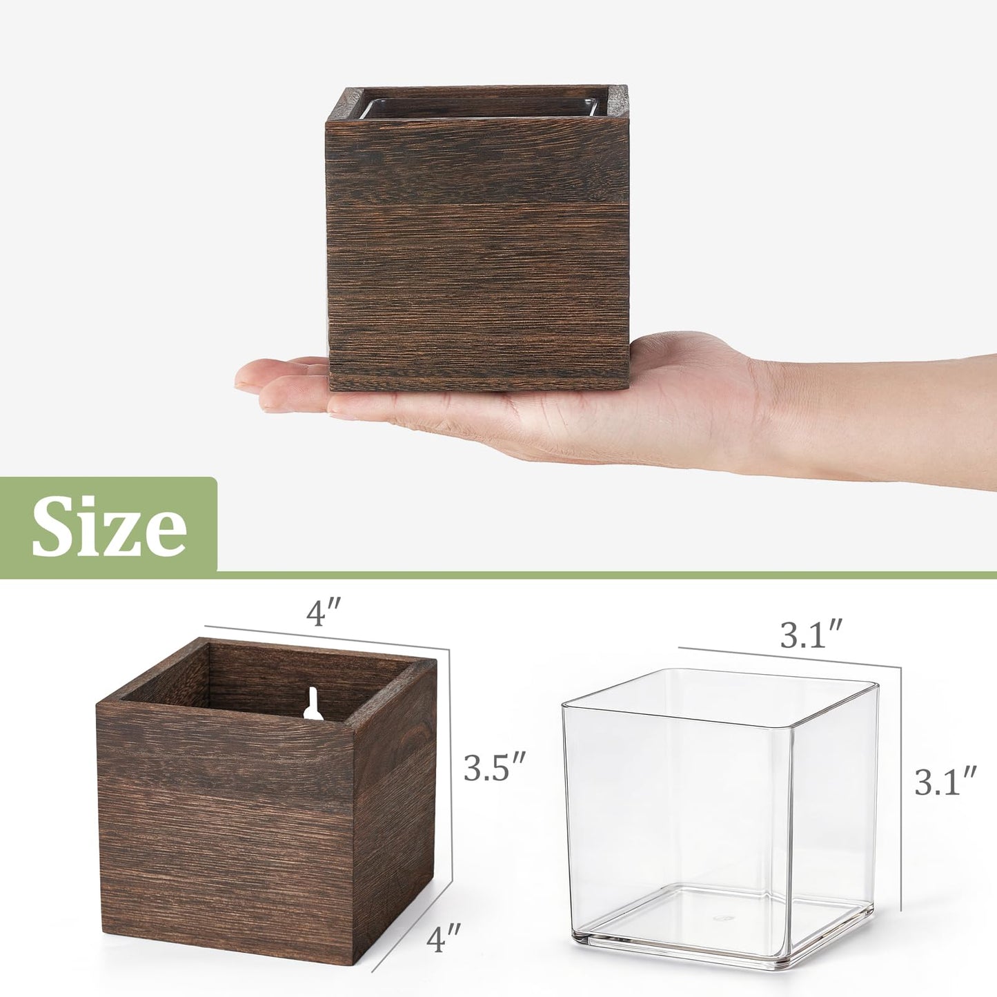 Dahey Small 4 Inch Wood Wall Hanging Planter Boxes for Indoor Plants 3 Pcs Square Rustic Farmhouse Wall Mounted Flower Pot Vases with Plastic Liner for Garden Home Centerpiece Decor(No Plant Included)