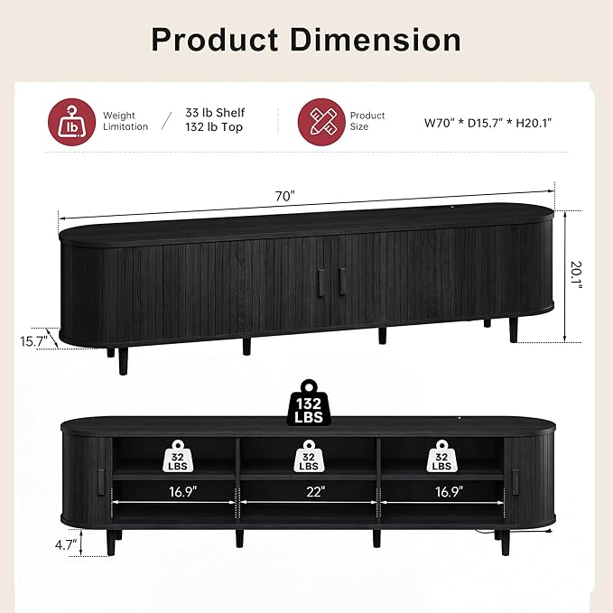 70" Mid Century Modern TV Stand, Wood TV Consoles