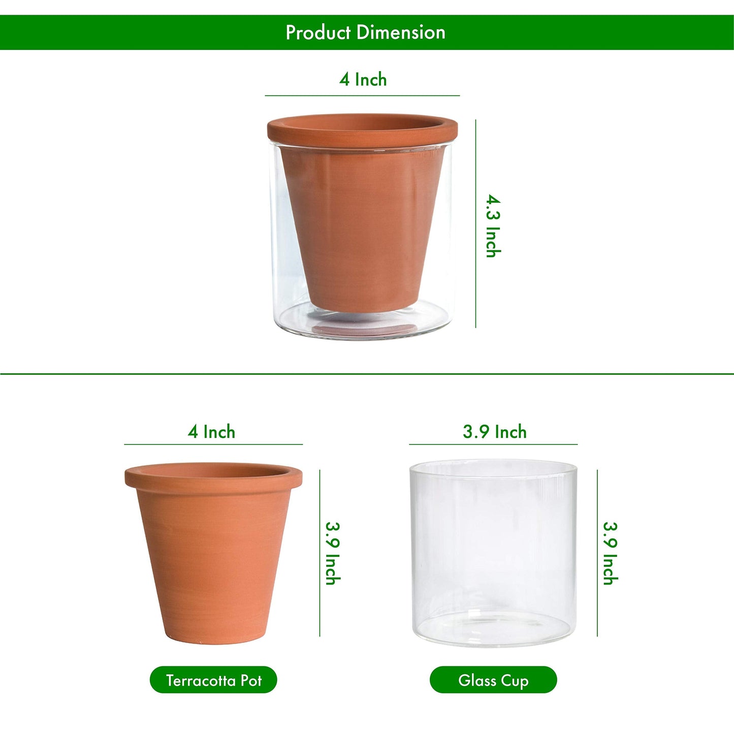 D'vine Dev 4 Inch Design Self Watering Pot for Indoor Plants, Terracotta Planter with Cylinder Glass Cup, Set of 4, 37-Z-A-1-F