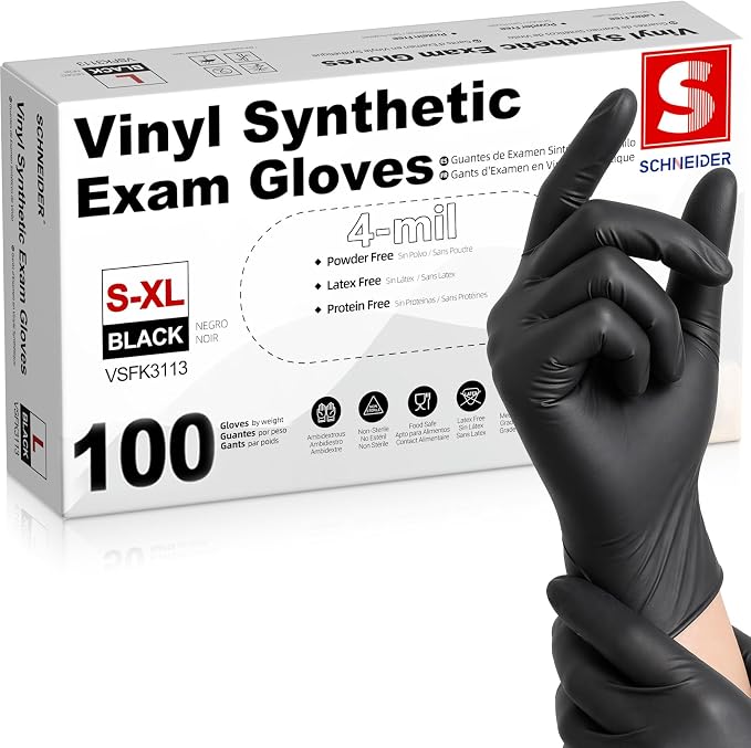 Schneider Vinyl Synthetic Exam Gloves, 4 Mil, Latex Free Disposable Gloves for Medical, Cooking, Cleaning, and Food Prep