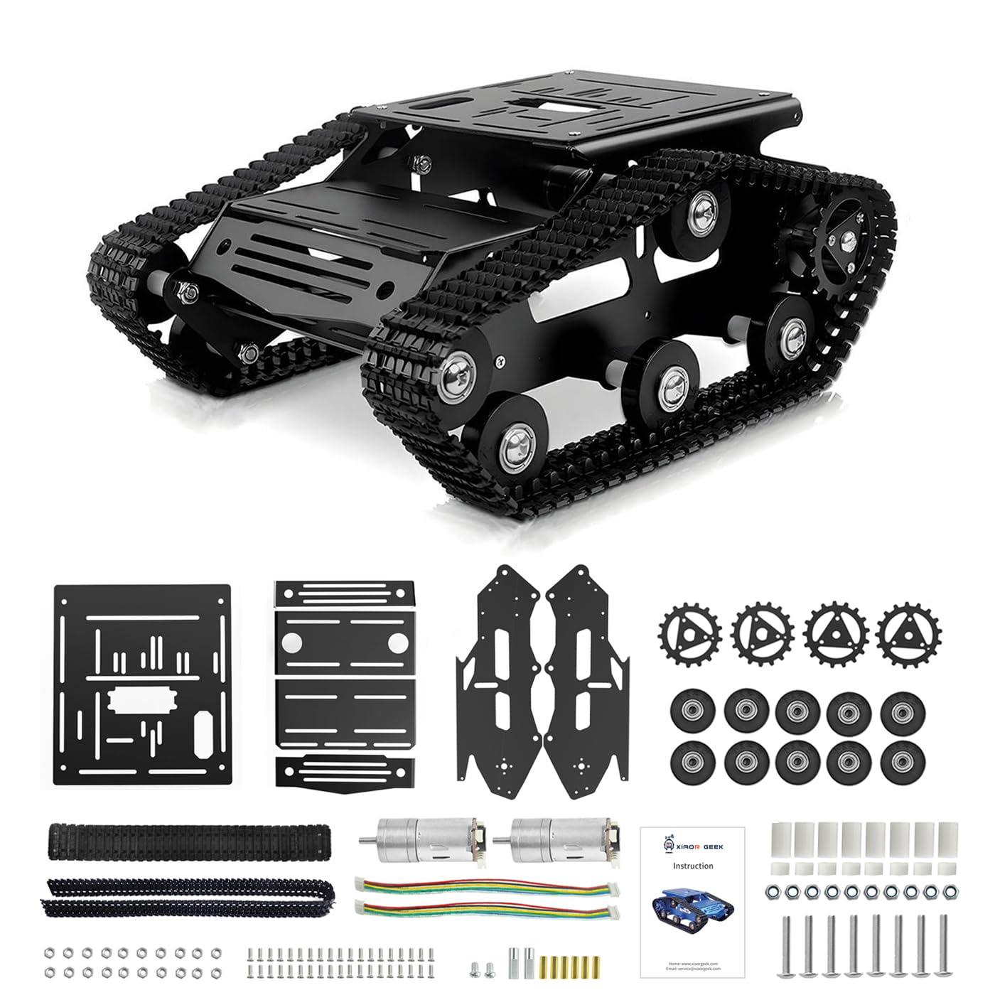 Tank Car Chassis with Motor, Shock Absorbing Robot Chassis Full-Metal Robotic Moving Platform Track Chassis for RaspberryPi Arduino DIY Maker Smart Robot Car Chassis Kit (Black, With Encoder motor)