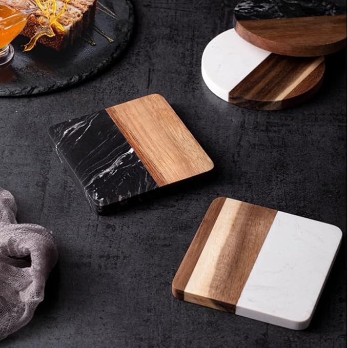 I-LAN 4-Piece Marble and Wood Coasters