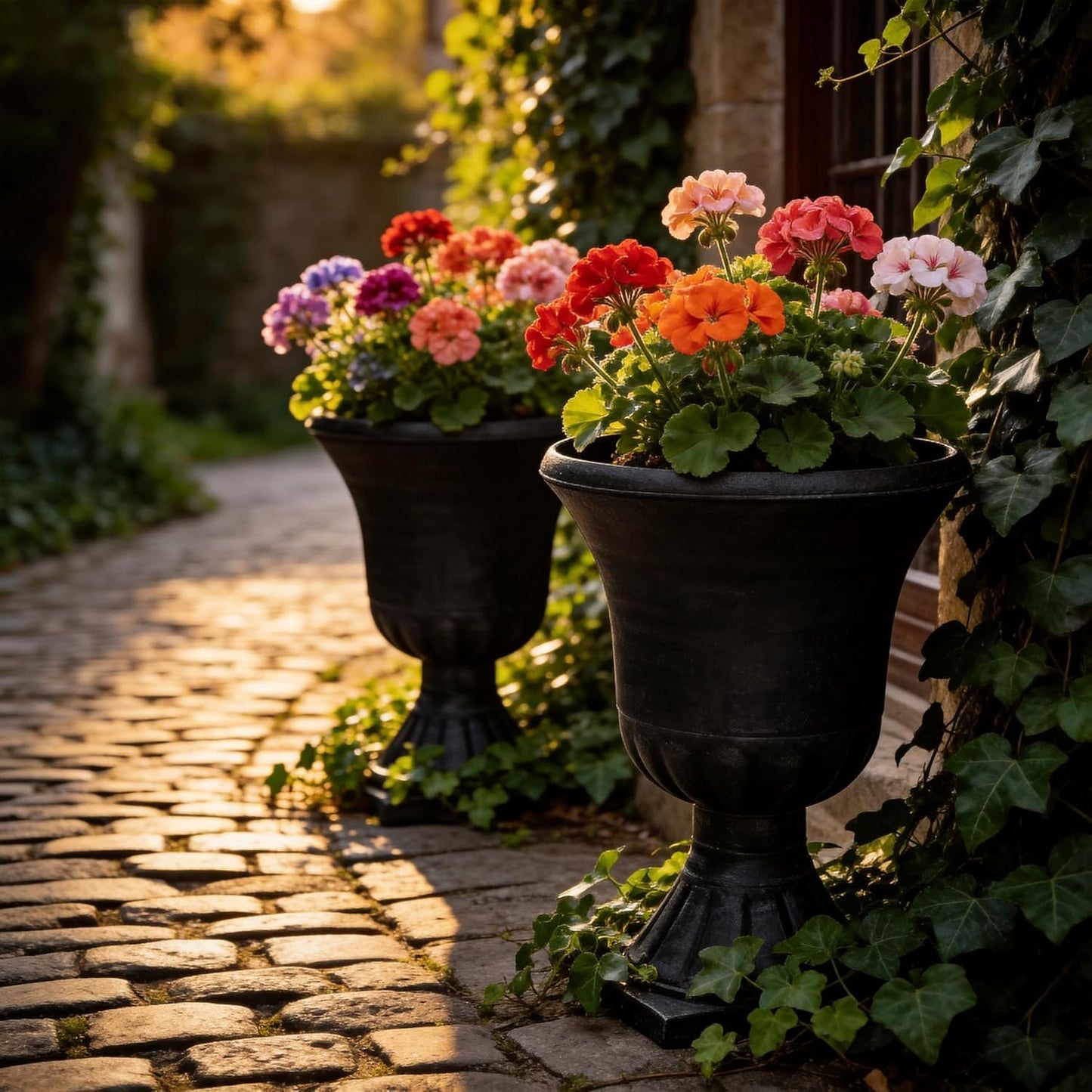 Autodaya 22" Tall Plastic Urn Planters Set of 2, 3D Textured Washed Black Finish Pedestal Plant Pots, Weather-Resistant Large Flower Pots for Front Porch, Patio, Garden & Indoor Use