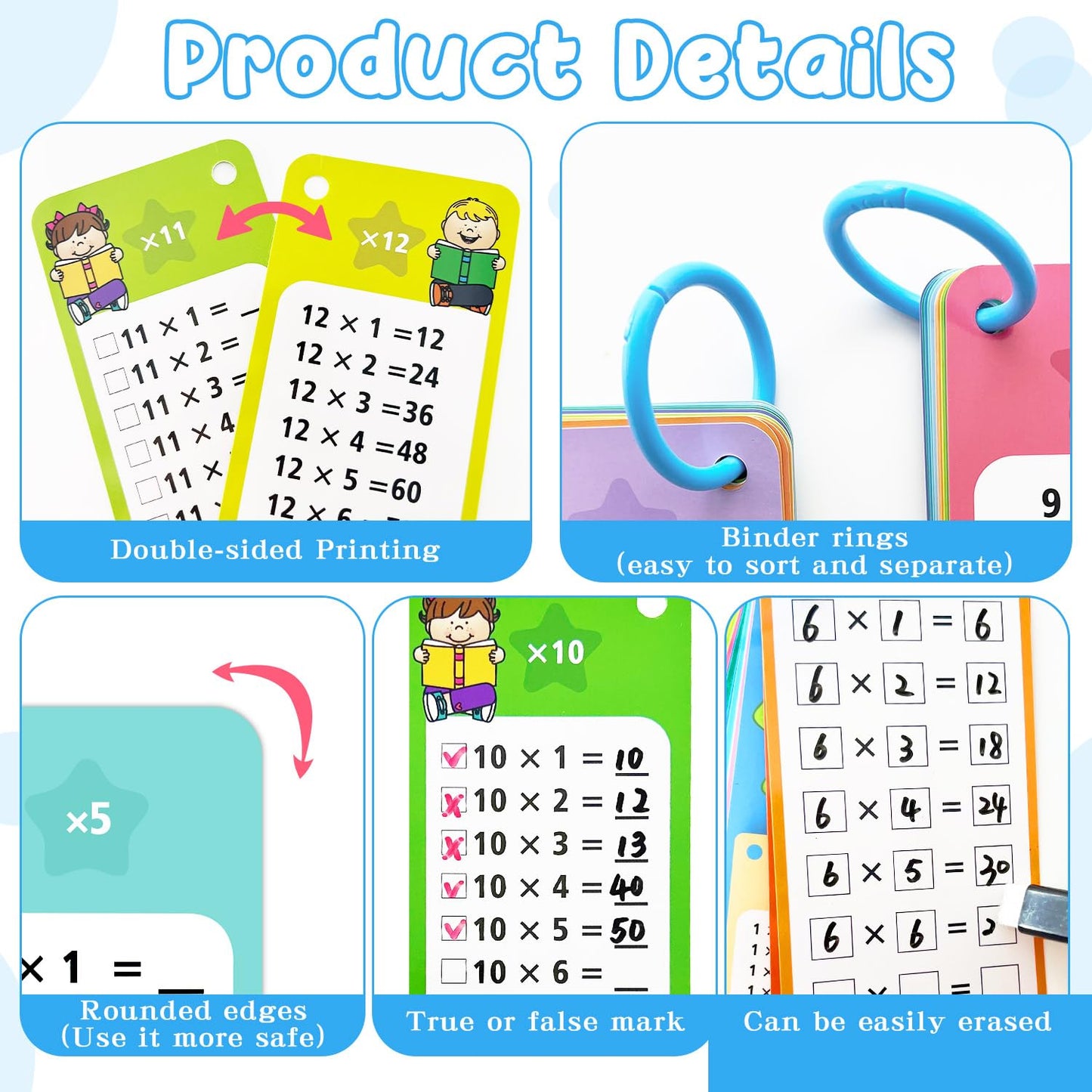 Anemeeoke 1-12 Multiplication Flash Cards, Large Math Table Flashcards, Including 15 Cards, 2 Dry Erase Markers, 1 Rings, Educational Times Table Flashcards for Classroom Home, for 1st to 3rd Grades