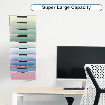 EASEPRES 10 Pocket Mesh Hanging Wall File Organizer, Wall Mounted Mail Paper Document Folder Holder, Clipboard Storage Organization Magazine Rack with Nametag Label for Office Home School, Pink