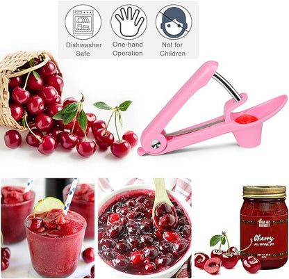 Cherry Pitter Tool, Cherry and Olive Pitter, Easy to Use and Clean, Stainless Steel and ABS, Pink Handle