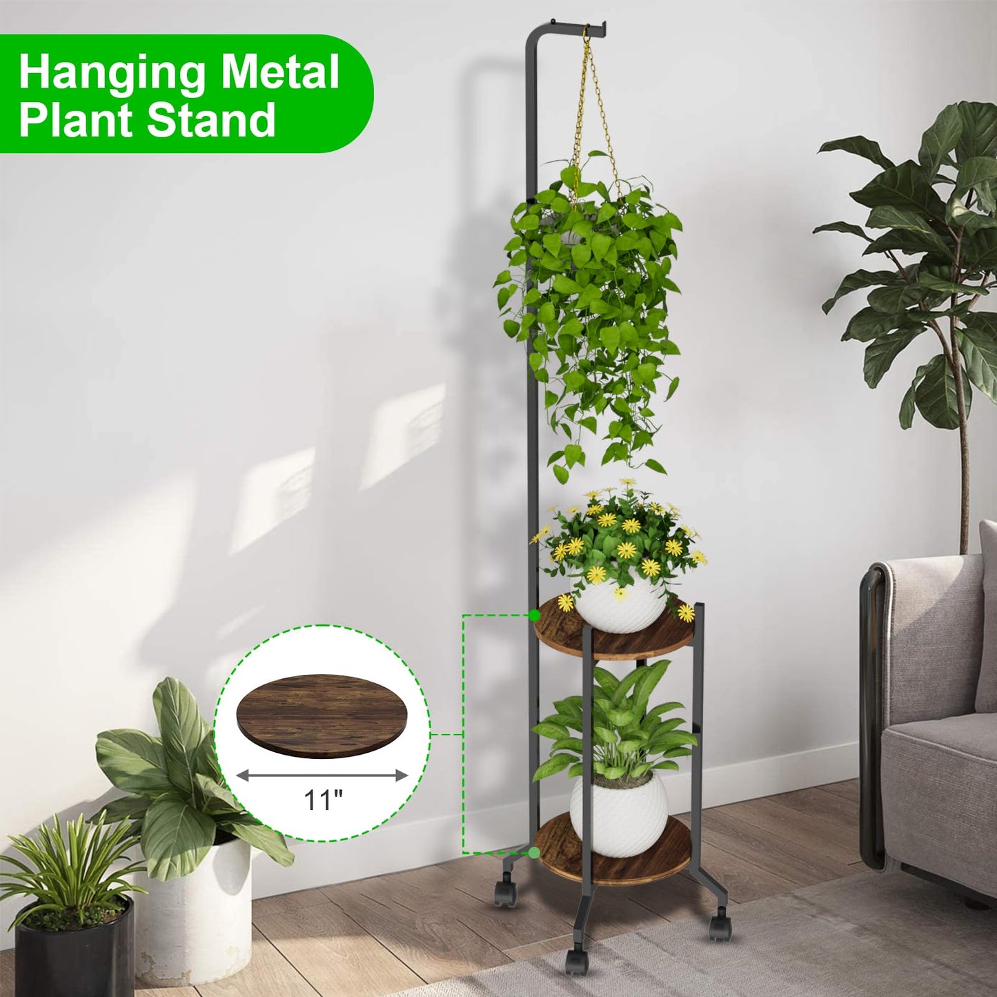VyGrow Plant Stand Indoor, 2 Tier Hanging Tall Plant Shelf with Wheels, 3 Potted Corner Flower Stand Metal Plant Holder, Plant Shelves for Living Room, Bedroom, Patio, Outdoor, Black