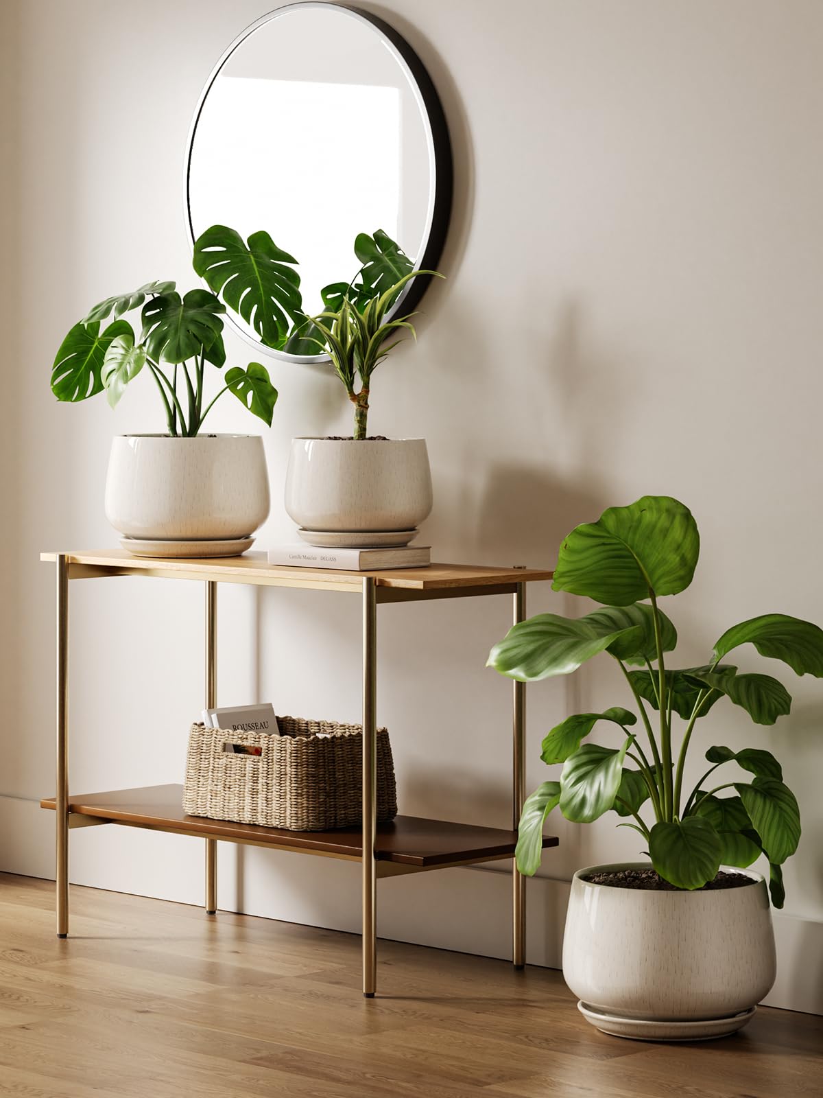 LE TAUCI 12 Inch Pots for Plants, Ceramic Planter with Drainage Hole & Saucer, Thick-Walled Ceramic, Planters for Indoor Plants, Ideal for Living Room & Entryway, Reactive Glaze Beige