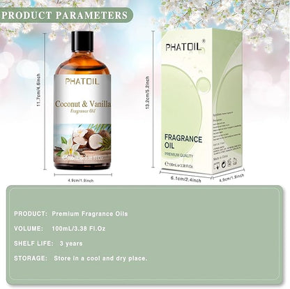 PHATOIL 3.38FL.OZ Coconut & Vanilla Fragrance Oils for Aromatherapy, Long Lasting Scented Oils for Home, Perfect for Diffuser, Yoga, DIY Candle and Soap Making - 100ml