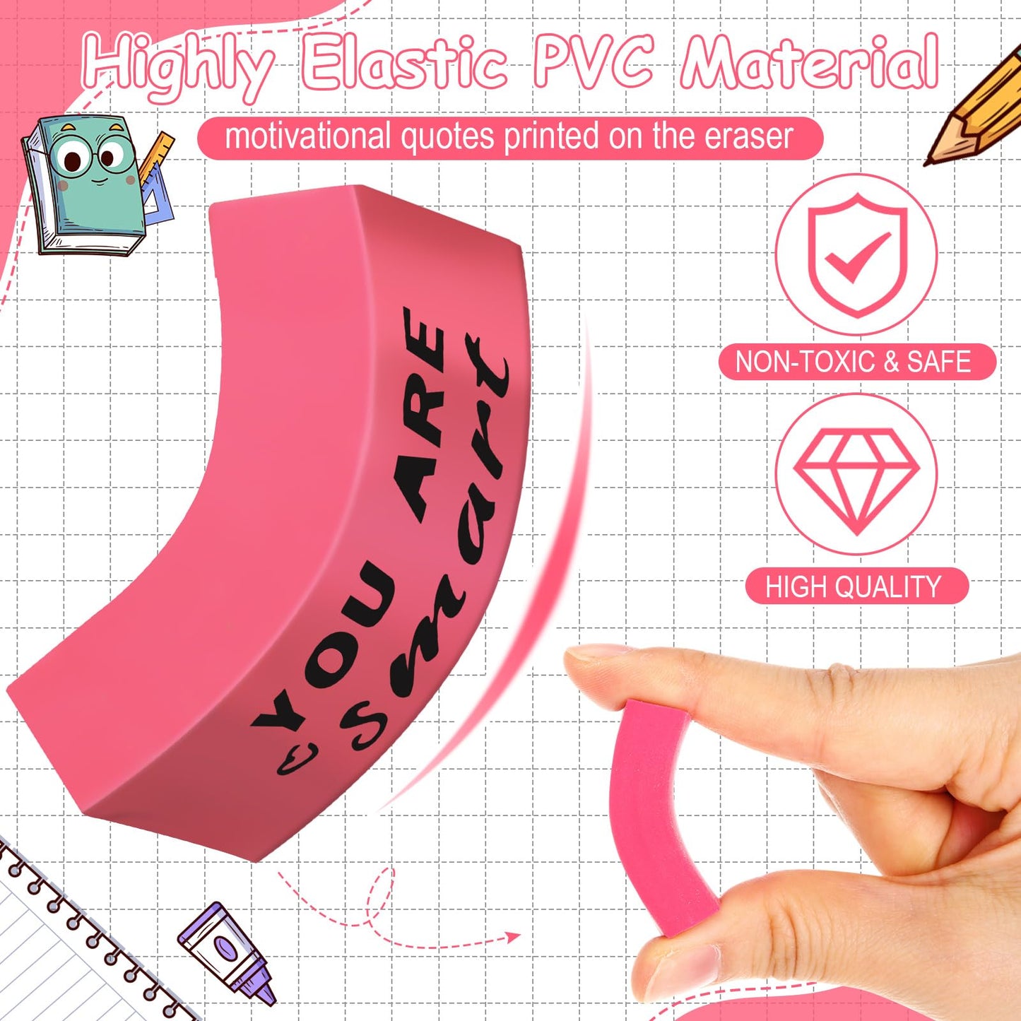 Resurhang 180 Pcs Erasers Bulk for Kids Inspirational Pencil Erasers Bulk for Drawing Motivational Big Eraser School Supplies for Classrooms Back to School Office (Motivational,Pink)