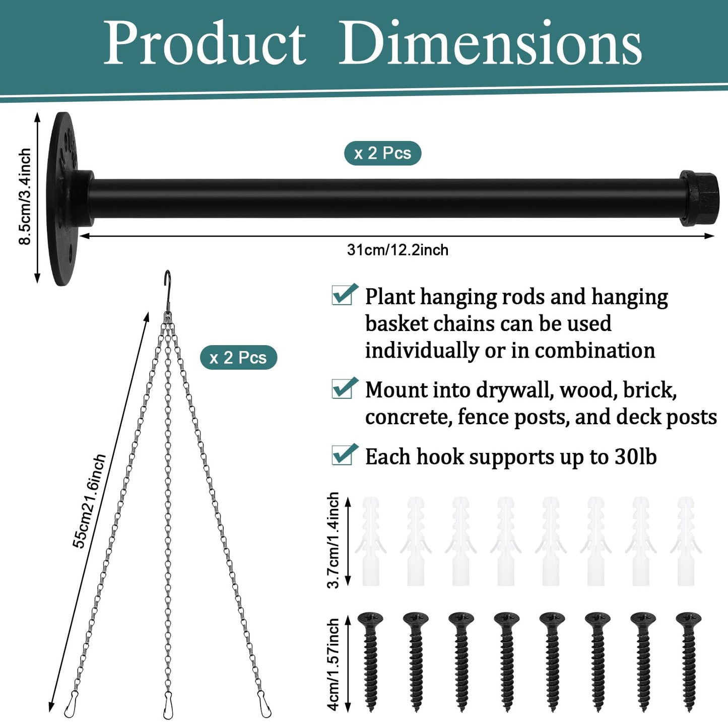 2 Set Plant Wall Hanger Rod(12.2'') with Hanging Chain, Heavy Duty Metal Rod Hanging Holder 30lbs Weight Capacity for Indoor/Outdoor Plants, Mounted Plant Shelves for Wall Window(Pot Not Included)