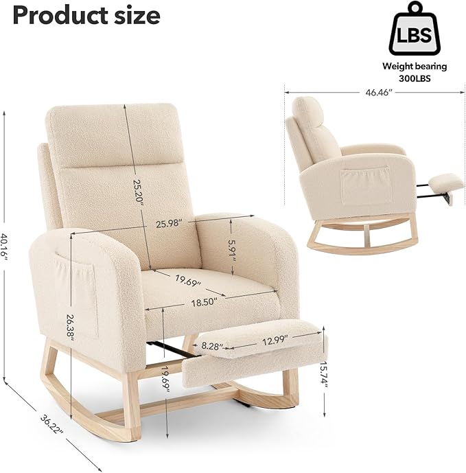Nursery Rocking Chair with Foot Rest, High Back Upholstered Glider Rocker Chair